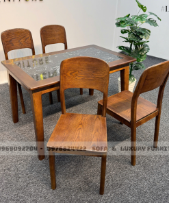 bộ bàn ăn 4 ghế mặt đá đen lh6 ghế 1 lá 2