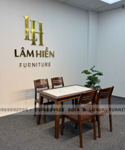 bộ bàn ăn 4 ghế mặt đá trắng lh7 chân côn 2