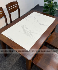 bộ bàn ăn 4 ghế mặt đá trắng lh7 chân côn 3