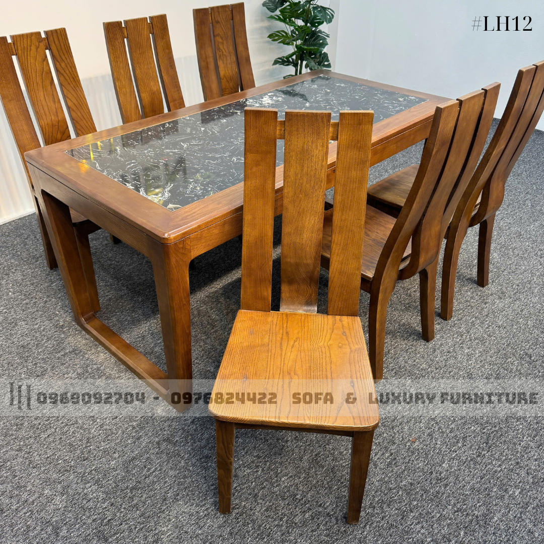 bộ bàn ăn 6 ghế 3 lá sọc lh12 mặt đá đen 3 bộ bàn ăn 6 ghế 3 lá sọc lh12 mặt đá đen 3