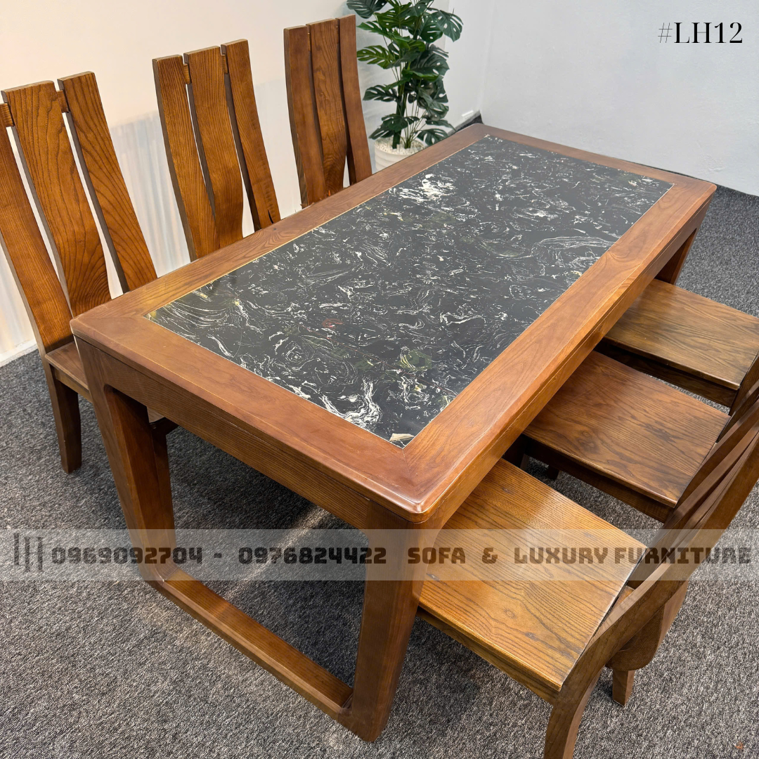 bộ bàn ăn 6 ghế 3 lá sọc lh12 mặt đá đen 4 bộ bàn ăn 6 ghế 3 lá sọc lh12 mặt đá đen 4
