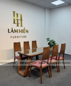 bộ bàn ăn 6 ghế đệm đỏ lh14 chân u cong 2