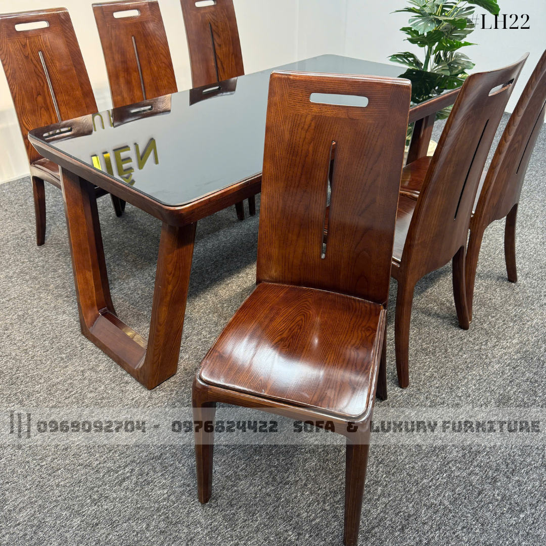 bộ bàn ăn 6 ghế mặt kính đen lh22 chân u cong 4 bộ bàn ăn 6 ghế mặt kính đen lh22 chân u cong 4