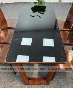 bộ bàn ăn 6 ghế mặt kính đen lh22 chân u cong 5