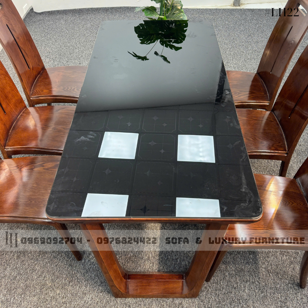 bộ bàn ăn 6 ghế mặt kính đen lh22 chân u cong 5 bộ bàn ăn 6 ghế mặt kính đen lh22 chân u cong 5