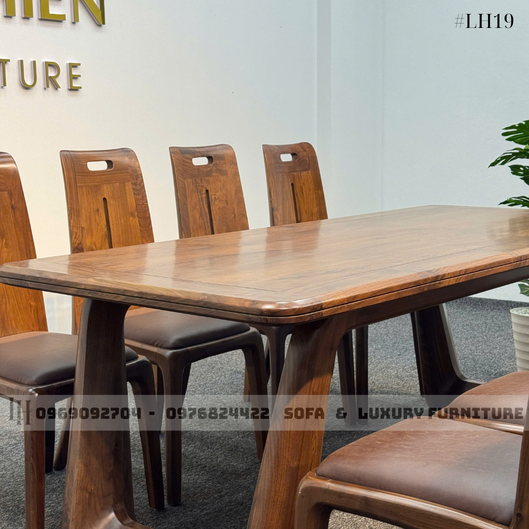 bộ bàn ăn 8 ghế chân u cong lh19 gỗ óc chó 9 bộ bàn ăn 8 ghế chân u cong lh19 gỗ óc chó 9