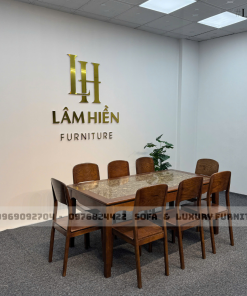 bộ bàn ăn 8 ghế mặt đá lh8 vân thổ cẩm 1