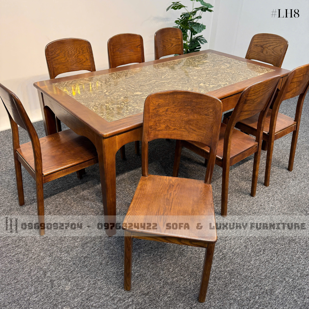 bộ bàn ăn 8 ghế mặt đá lh8 vân thổ cẩm 2 bộ bàn ăn 8 ghế mặt đá lh8 vân thổ cẩm 2