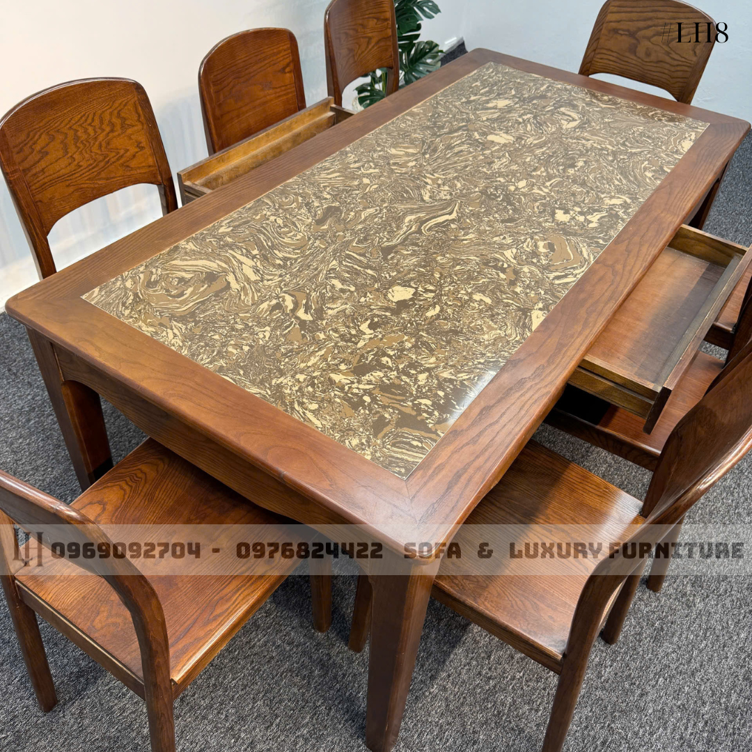 bộ bàn ăn 8 ghế mặt đá lh8 vân thổ cẩm 4 bộ bàn ăn 8 ghế mặt đá lh8 vân thổ cẩm 4