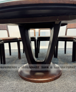 bộ bàn ăn tròn gỗ óc chó lh16 có mâm xoay 2