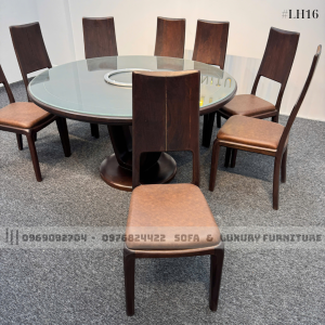 bộ bàn ăn tròn gỗ óc chó lh16 có mâm xoay 3